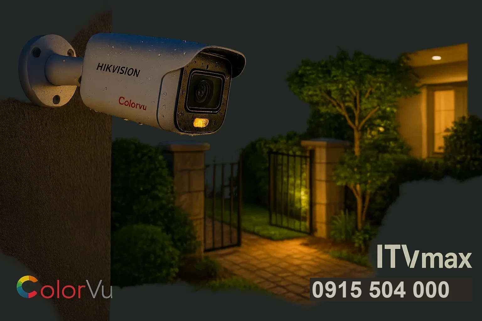 camera Hikvision ColorVu lắp ngoài trời, thể hiện hình ảnh có màu ban đêm, chống nước