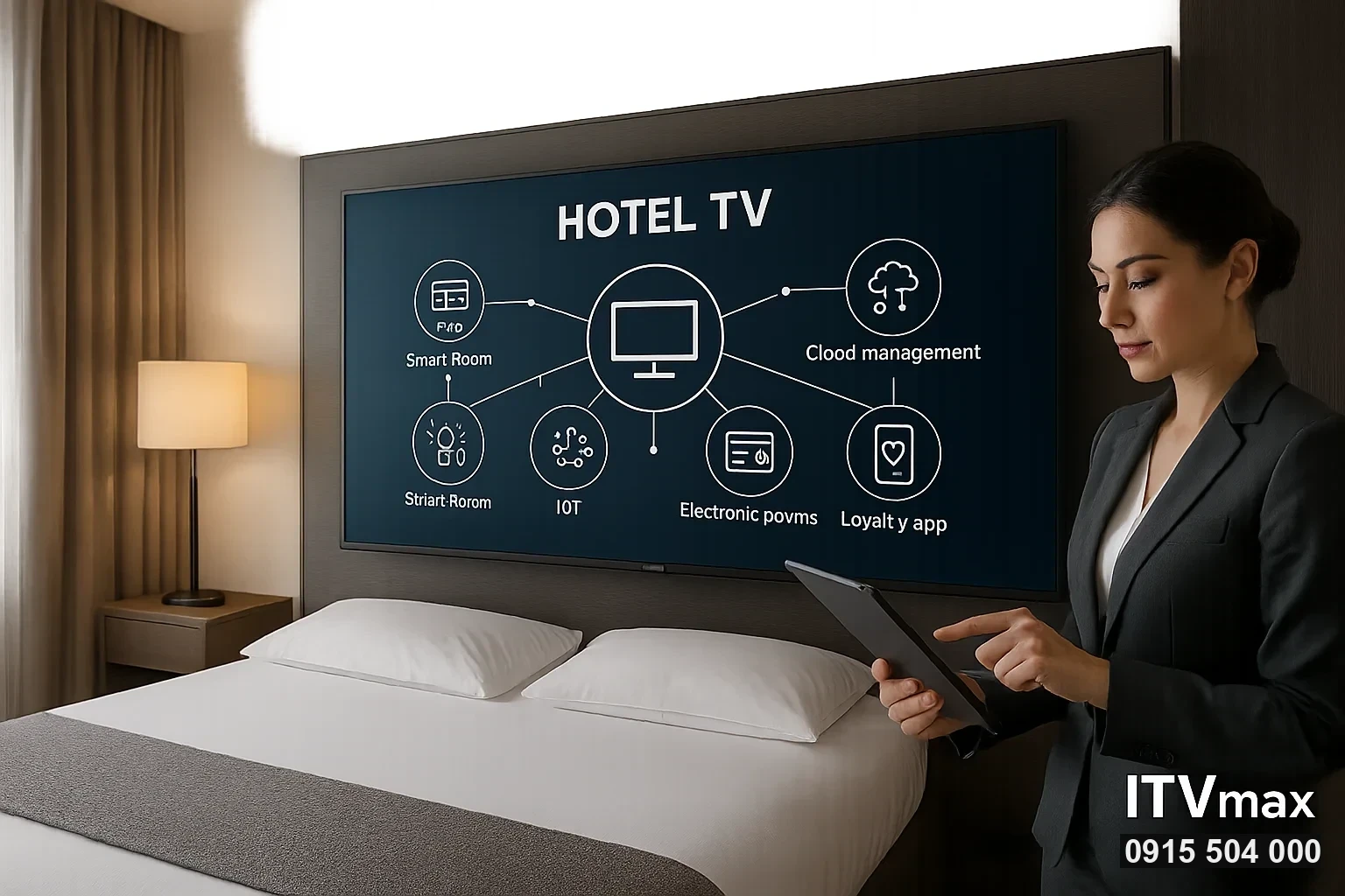 TV khách sạn là trung tâm, kết nối với hệ thống quản lý quảng cáo, dữ liệu ngôn ngữ, CRM/Loyalty, các dịch vụ F&B, spa, tour
