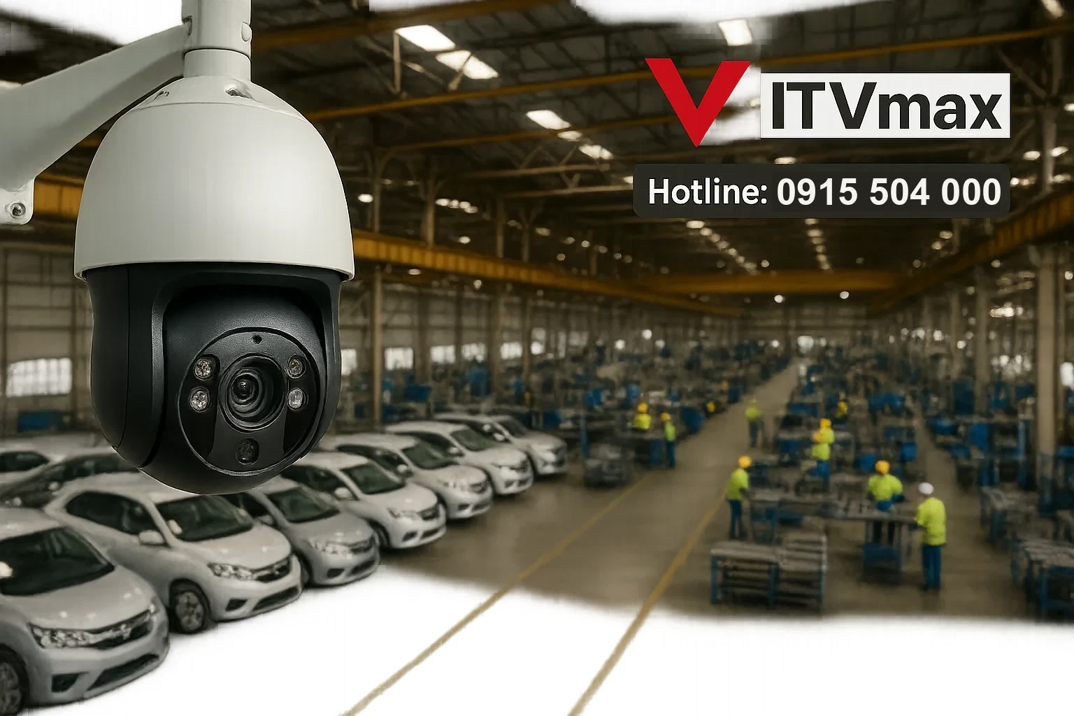 camera PTZ quay quét lắp tại khu vực kho xưởng lớn, quan sát bãi xe, nhân viên sản xuất, thể hiện khả năng quan sát diện rộng, hình ảnh sắc nét, chuyên nghiệp