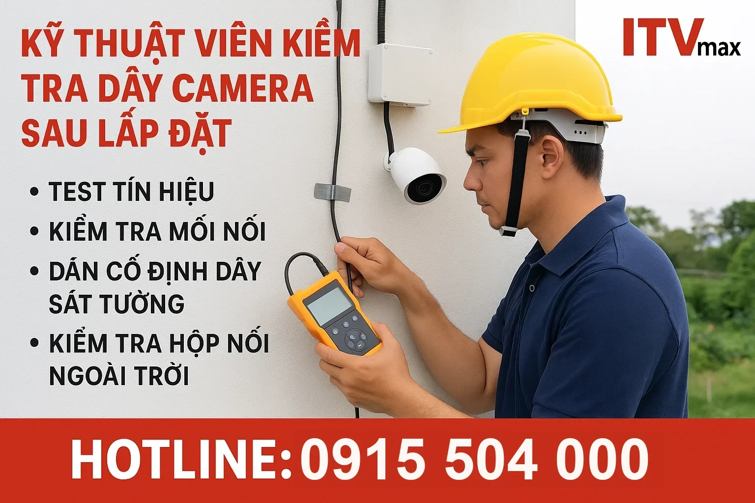 Kỹ thuật viên kiểm tra dây camera sau lắp đặt: test tín hiệu, kiểm tra mối nối, dán cố định dây sát tường, kiểm tra hộp nối ngoài trời.