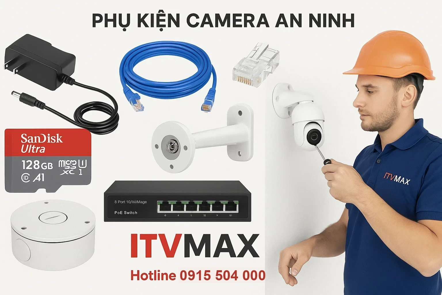 Kỹ thuật viên ITVmax chuẩn bị phụ kiện đầy đủ trước khi lắp đặt camera cho khách, kiểm tra dây, nguồn, thẻ nhớ, hộp nối ngoài trời.