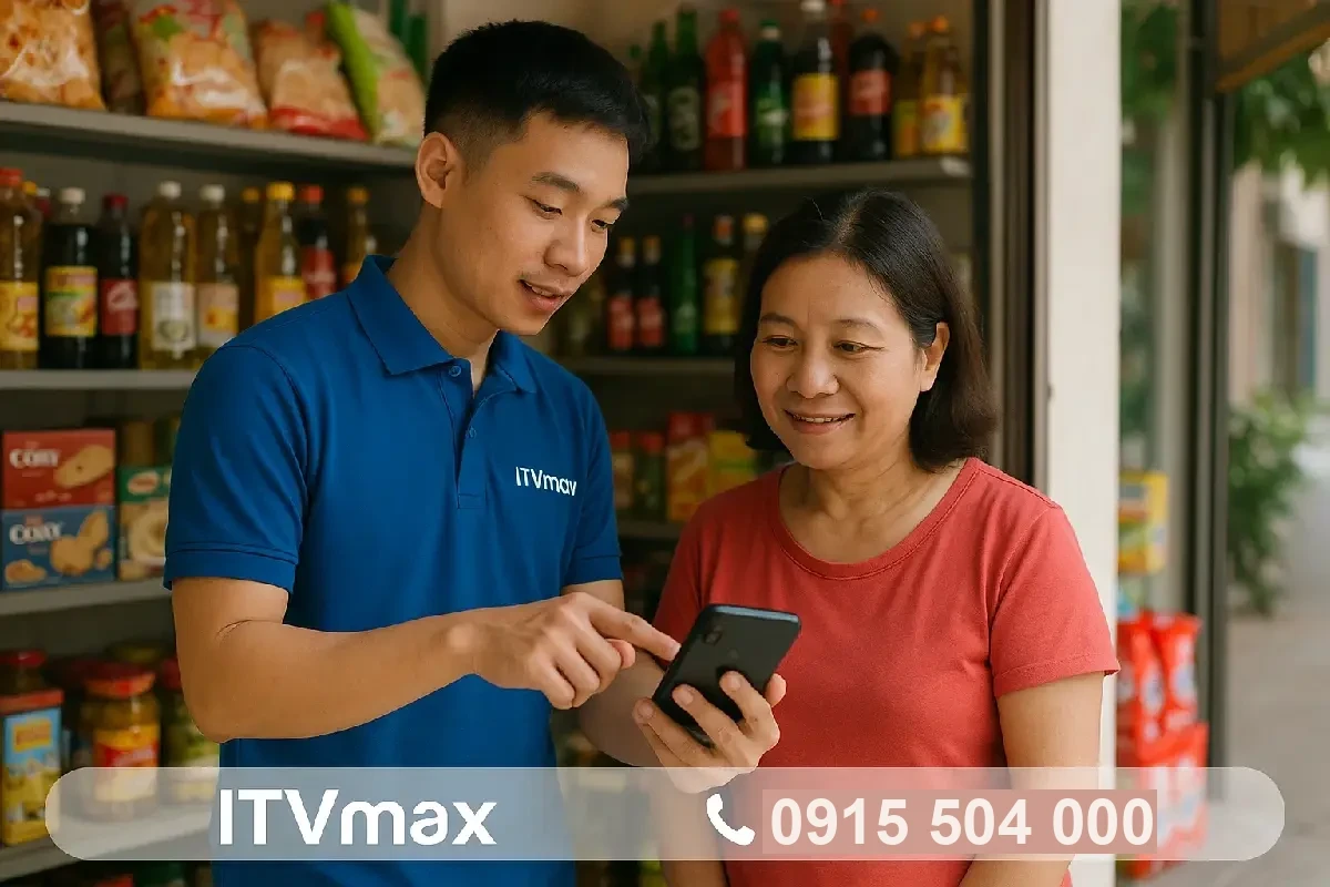 thuật viên ITVmax đang hướng dẫn chủ cửa hàng tạp hóa phố Kim Đồng