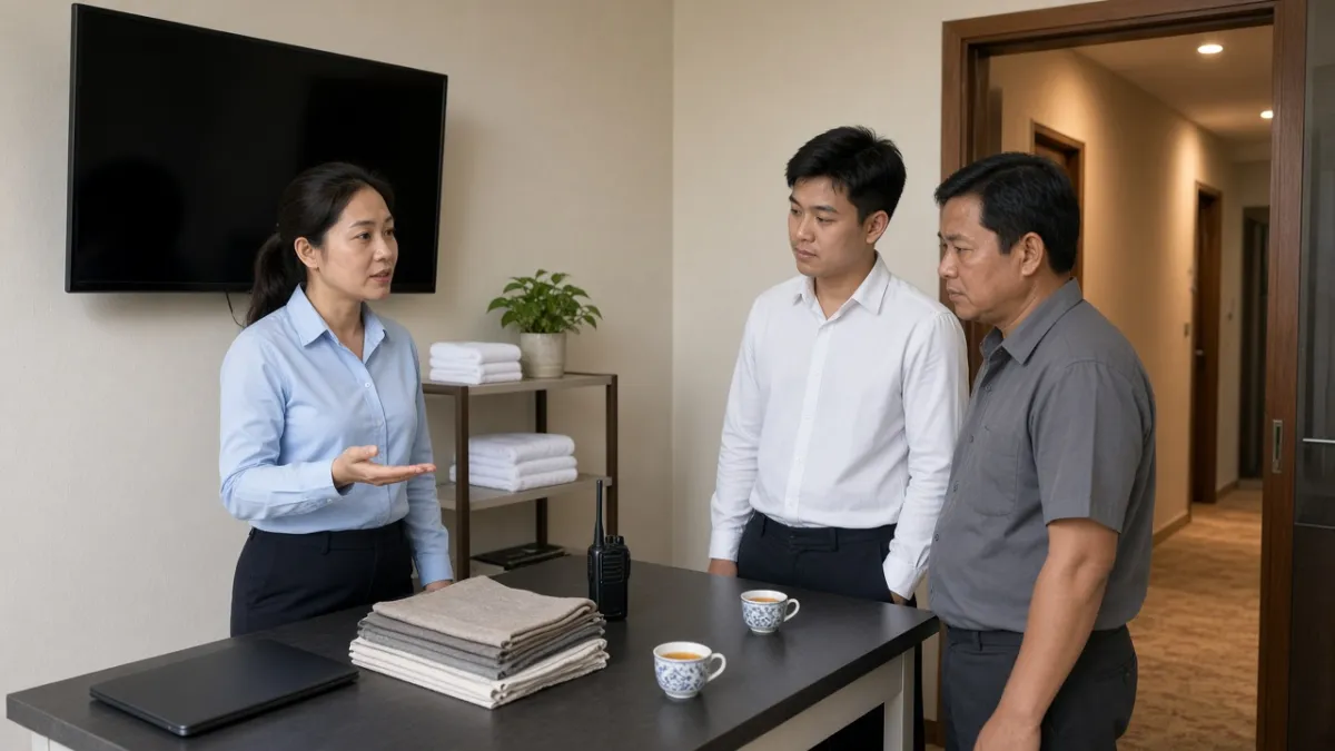 Đội ngũ khách sạn trao đổi kế hoạch vận hành trong phòng hậu cần, thể hiện phối hợp nội bộ.