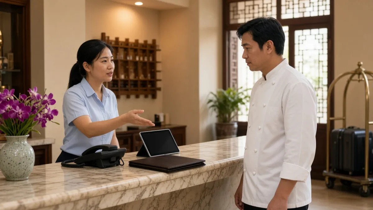 Lễ tân trao đổi trực tiếp với nhân viên bếp tại quầy để thống nhất yêu cầu ăn uống của khách mới nhận phòng.