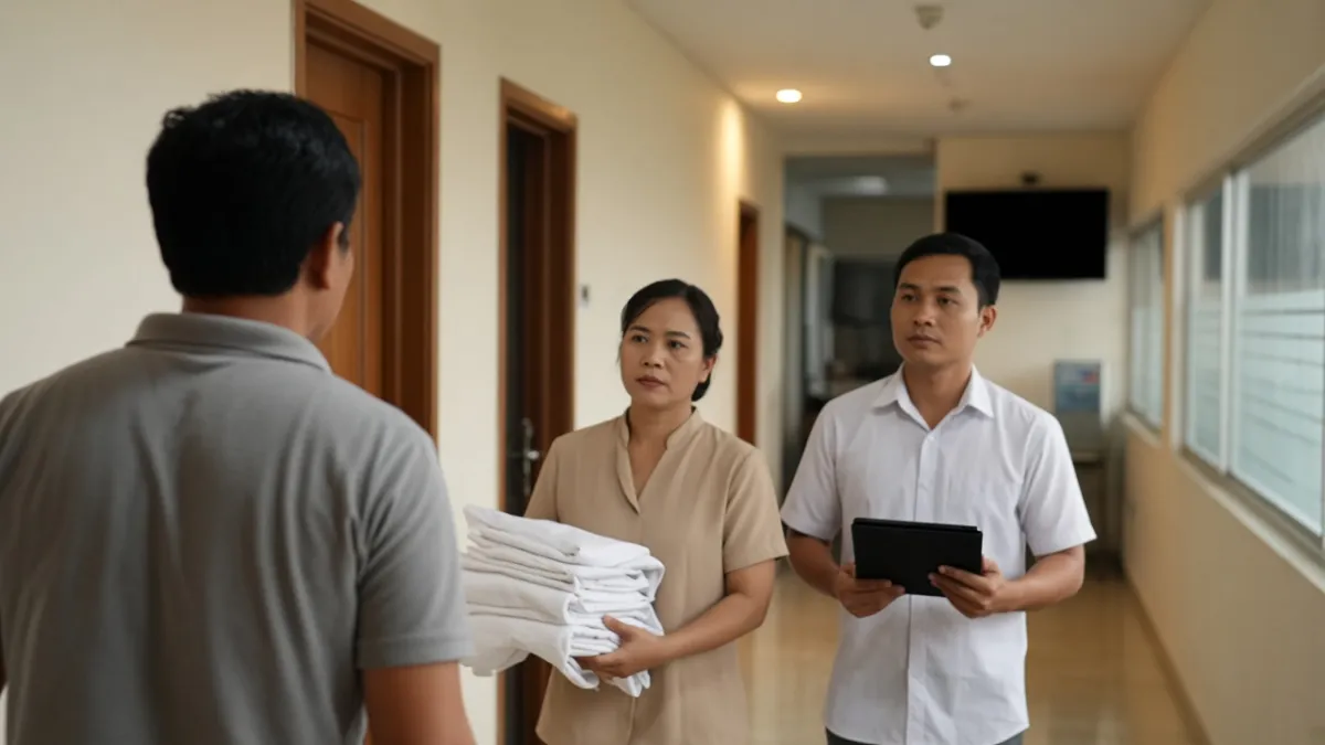 Quản lý và nhân viên khách sạn bước nhanh trong hành lang nội bộ, sẵn sàng triển khai cải thiện vận hành.