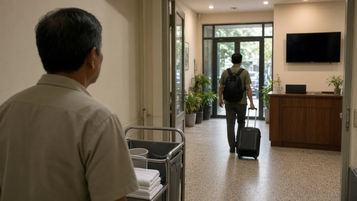 Quản lý vận hành khách sạn đứng trong hành lang, nhìn khách kéo vali rời sảnh — lo khách chỉ ở một lần.