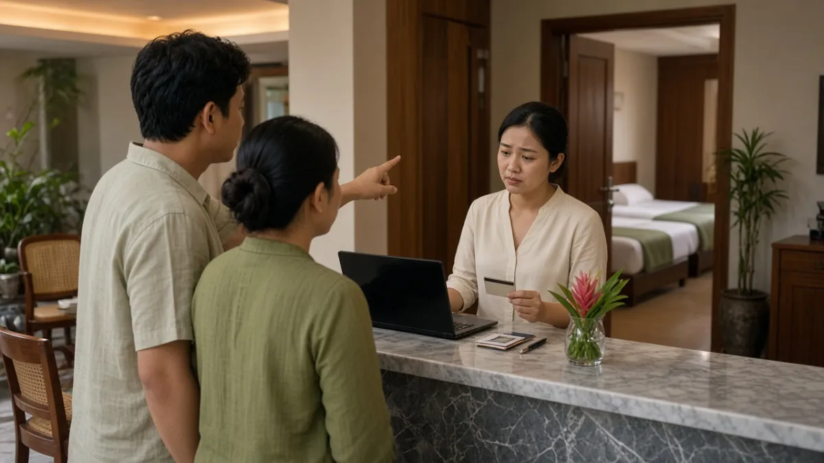 Khách trình bày với lễ tân về phòng nhận không khớp yêu cầu đặt phòng, hành lang phía sau lộ hai giường đơn.