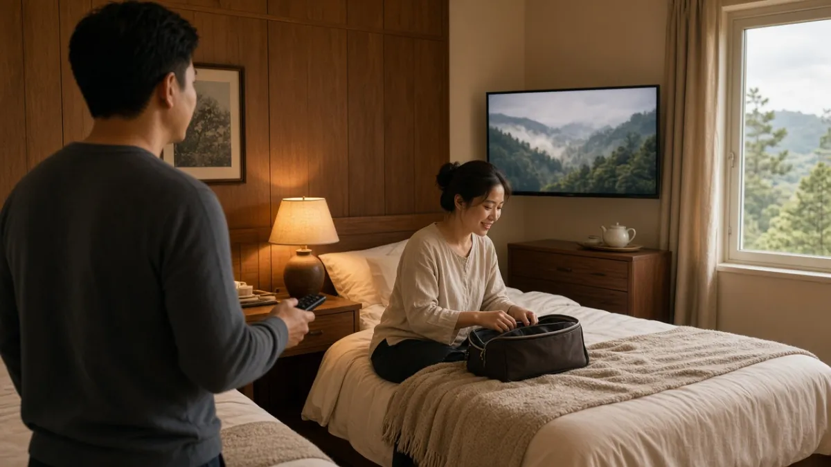 Cặp khách Việt trong phòng nghỉ: chồng bật TV treo tường, vợ dọn vali — trải nghiệm ấm áp giúp khách nhớ và quay lại.
