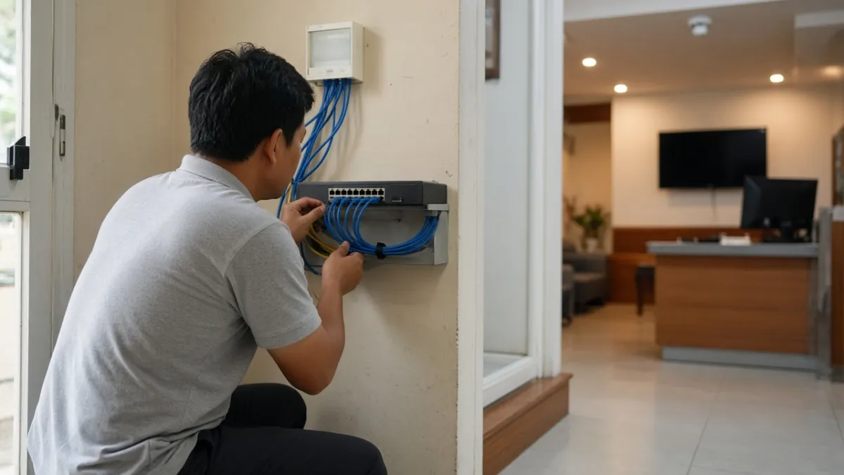 Kỹ thuật viên kiểm tra tủ mạng gần quầy lễ tân, phía sau là TV và Wi-Fi của khách sạn.