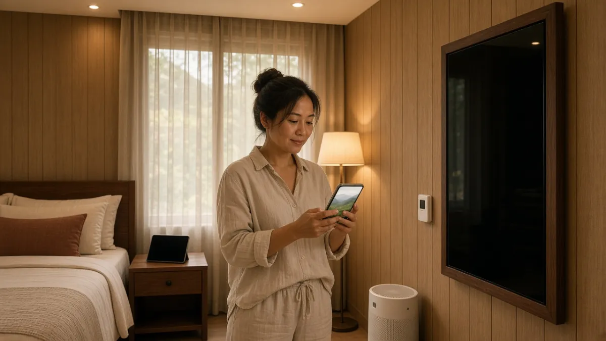 Khách dùng điện thoại trong phòng có gương thông minh, đèn ấm và máy lọc không khí hỗ trợ sức khỏe.