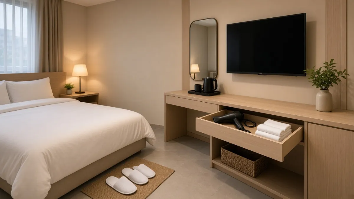 Phòng khách sạn chỉn chu: dép, máy sấy tóc trong ngăn bàn và TV treo tường, thể hiện chăm chút giữ chân khách.