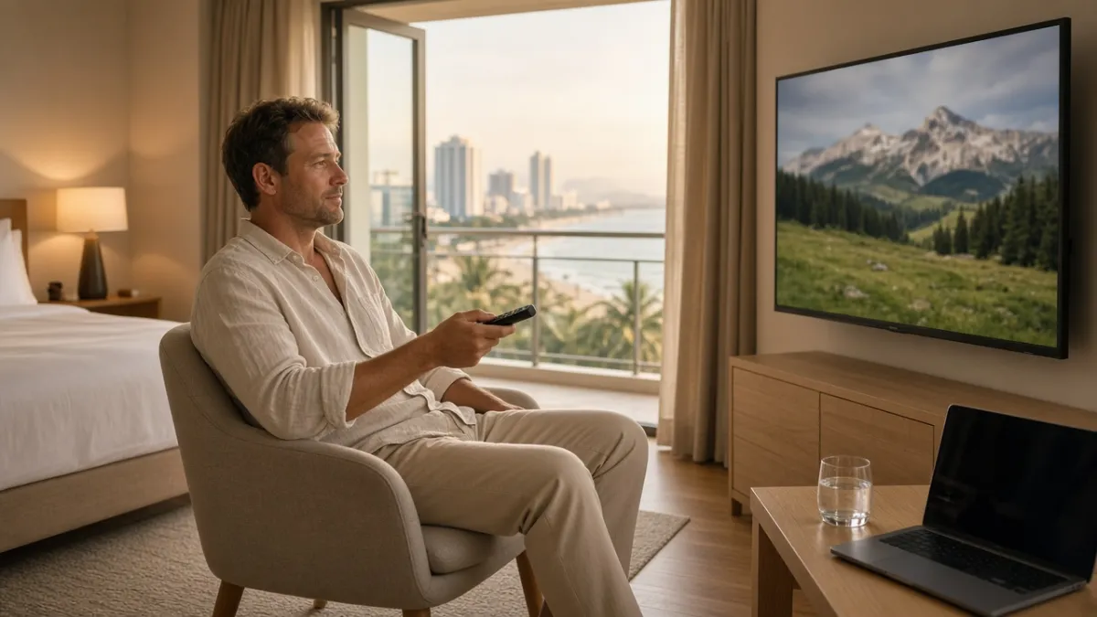 Khách quốc tế xem TV trong phòng khách sạn Đà Nẵng, minh họa gói kênh nước ngoài bản quyền trên Hotel TV.
