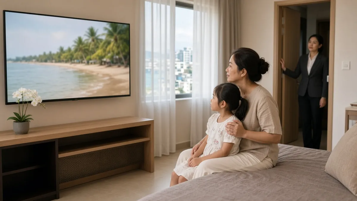 Mẹ và con trong phòng khách sạn Đà Nẵng xem TV cảnh biển an toàn, nhân viên hỗ trợ giới hạn kênh theo phòng.