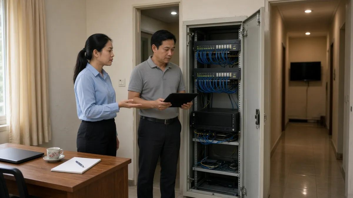 Nhân viên khách sạn trao đổi bên tủ thiết bị mạng IPTV, thể hiện định hướng triển khai cá nhân hóa nội dung phòng.