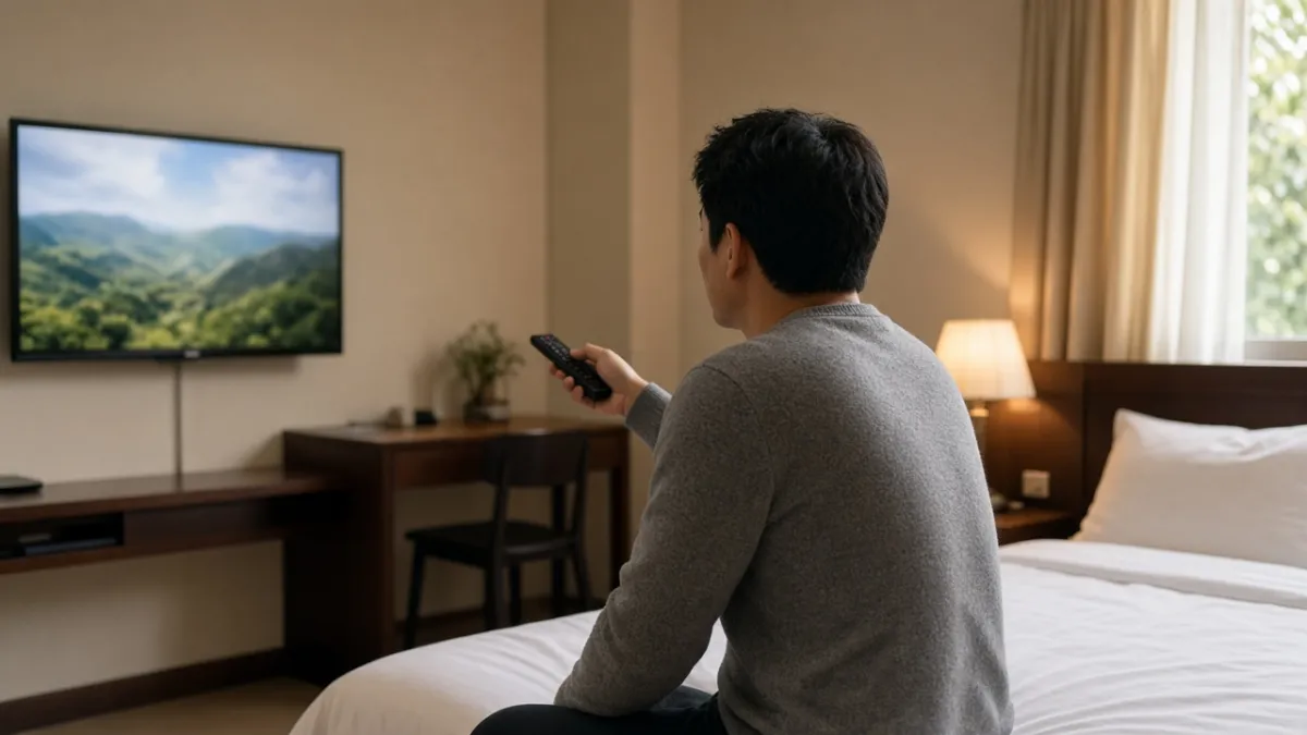 Khách quốc tế dùng remote xem truyền hình trên TV treo tường trong phòng khách sạn, cảm giác gần gũi như ở nhà.