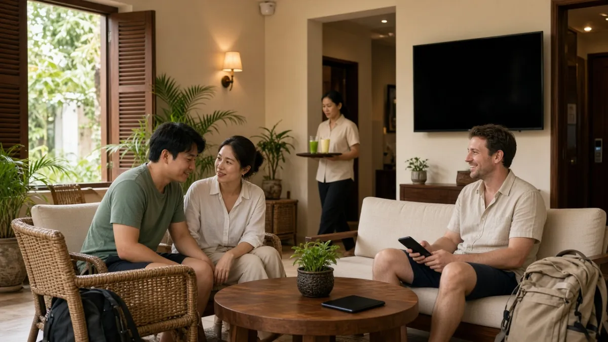 Khách quốc tế thư giãn tại sảnh khách sạn hiện đại, nhân viên phục vụ và tiện nghi công nghệ tinh gọn.