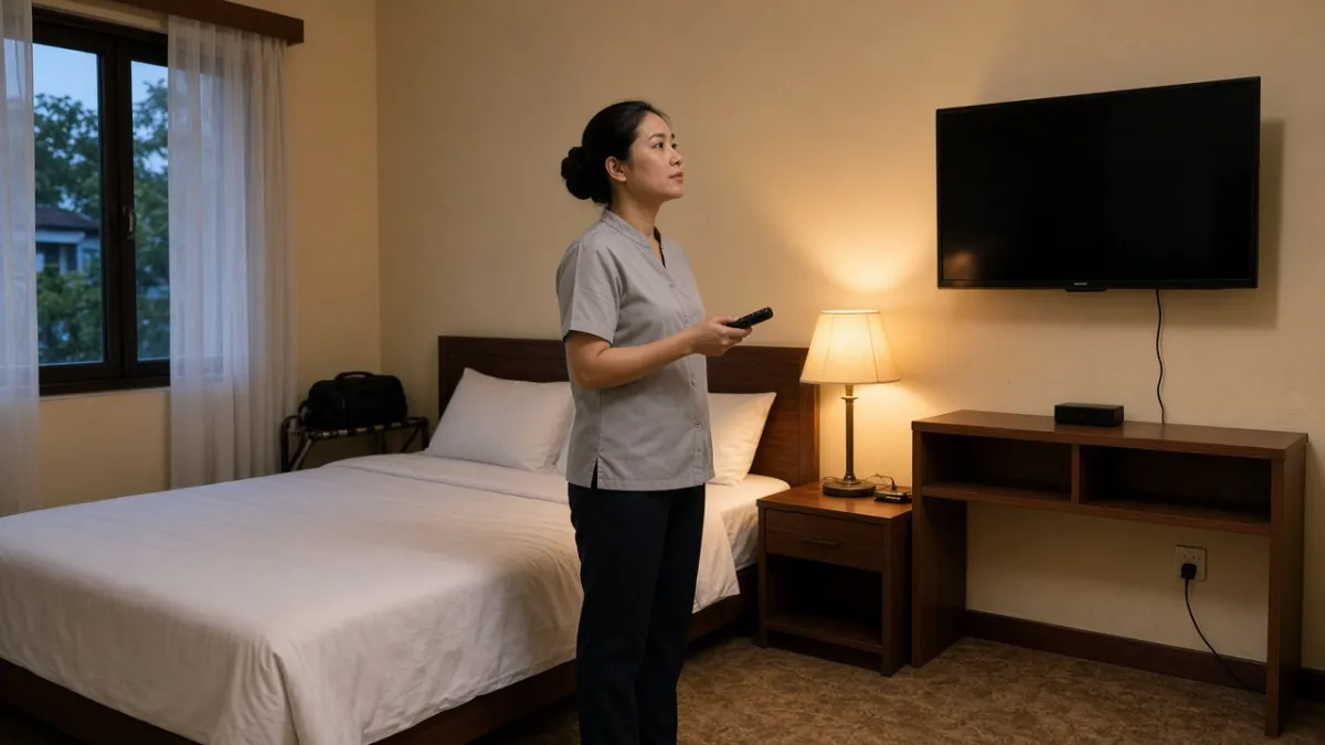 Nhân viên buồng phòng kiểm tra TV treo tường bằng remote trong phòng khách, sẵn sàng xử lý sự cố cho khách.