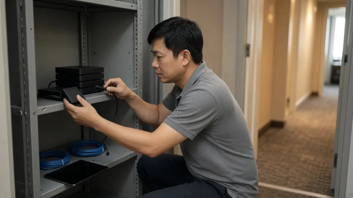 Kỹ thuật khách sạn thay hộp IPTV dự phòng trên kệ thiết bị, minh họa bảo trì hệ thống Hotel TV dễ vận hành.