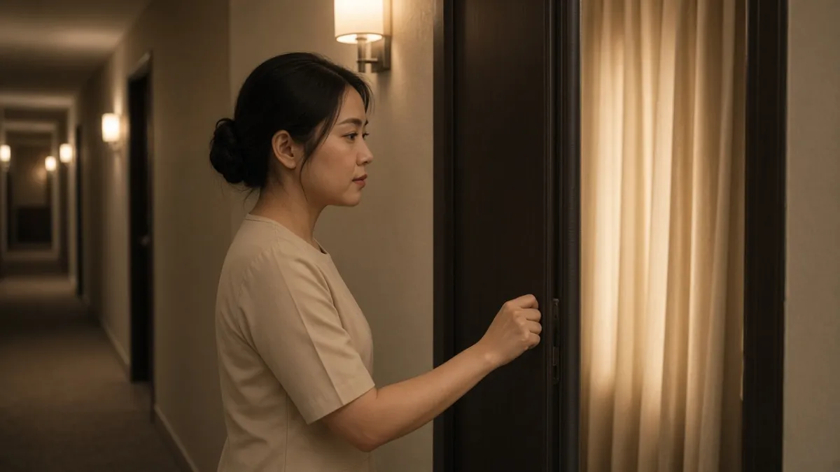 Nhân viên khách sạn gõ cửa phòng nhẹ nhàng trên hành lang yên tĩnh, cửa có đệm cách âm và rèm dày.