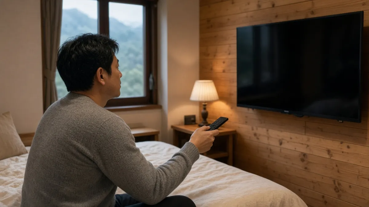 Khách cầm điều khiển hướng về TV treo tường trong phòng khách sạn, gợi trải nghiệm giải trí IPTV thân thiện.