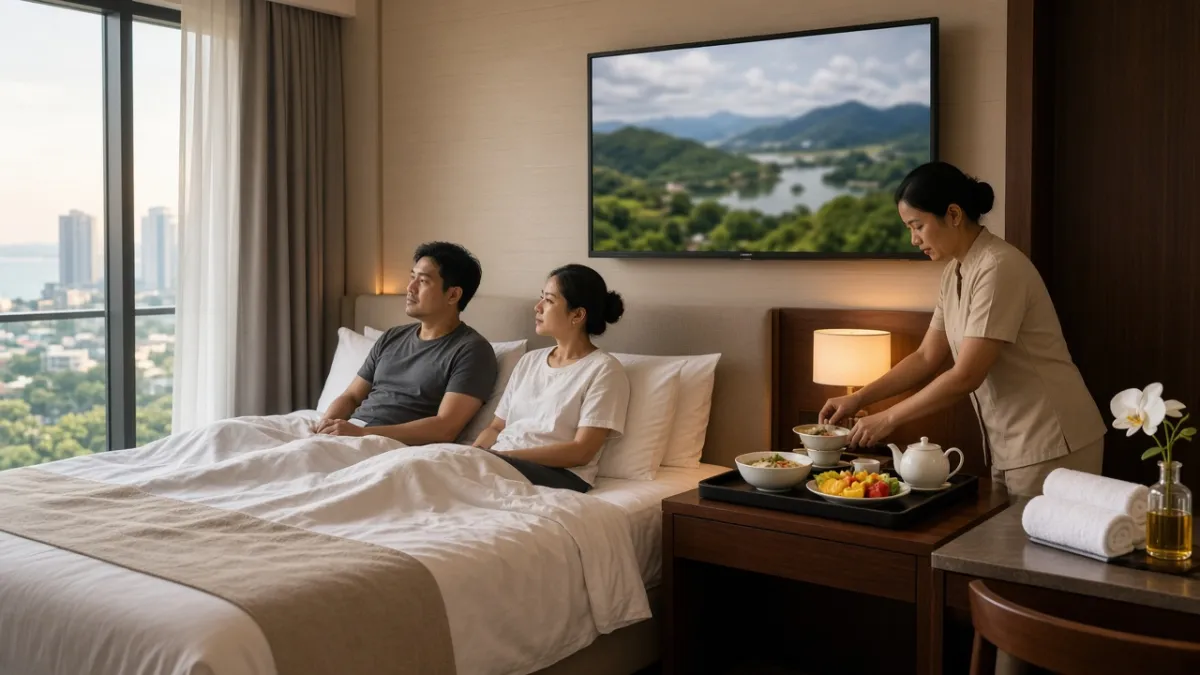 Cặp khách Việt thư giãn trên giường khách sạn, nhân viên phục vụ mang khay món ăn phòng và tiện nghi spa.