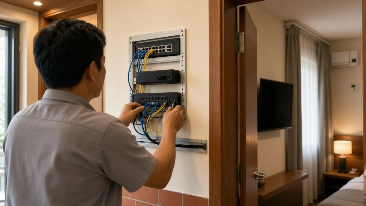 Nhân viên kỹ thuật chỉnh cáp tủ mạng tại hành lang khách sạn, phòng nghỉ kế bên có TV treo tường.