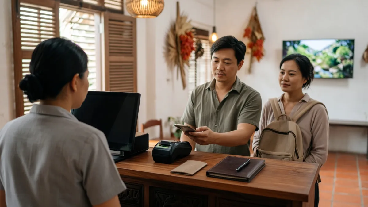 Lễ tân khách sạn nhỏ hỗ trợ khách thanh toán không tiếp xúc tại quầy, máy tính phục vụ quản lý đặt phòng.