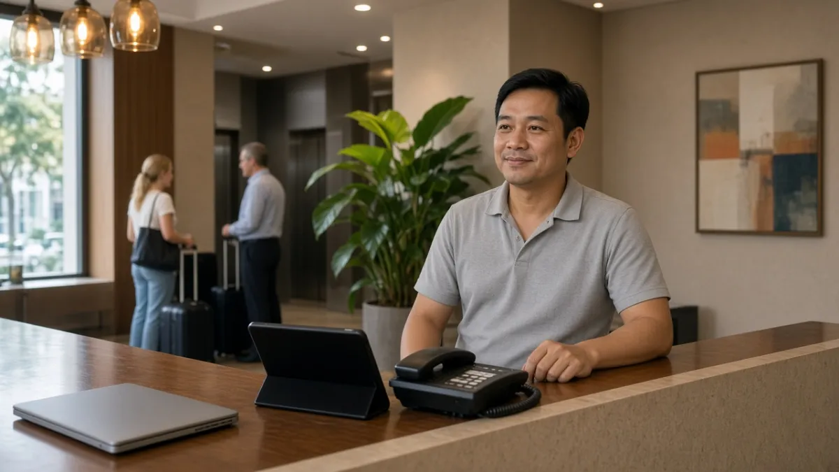 Quản lý tại quầy lễ tân khách sạn với thiết bị số, đồng nghiệp đón khách — minh họa vận hành hiệu quả nhờ công nghệ.