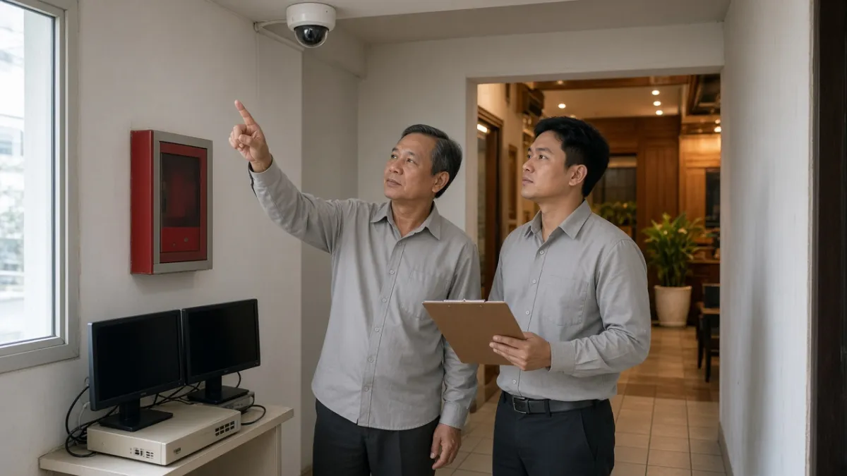 Hai nhân viên khách sạn kiểm tra camera an ninh và trạm giám sát trong hành lang nội bộ, thể hiện quy trình an toàn.