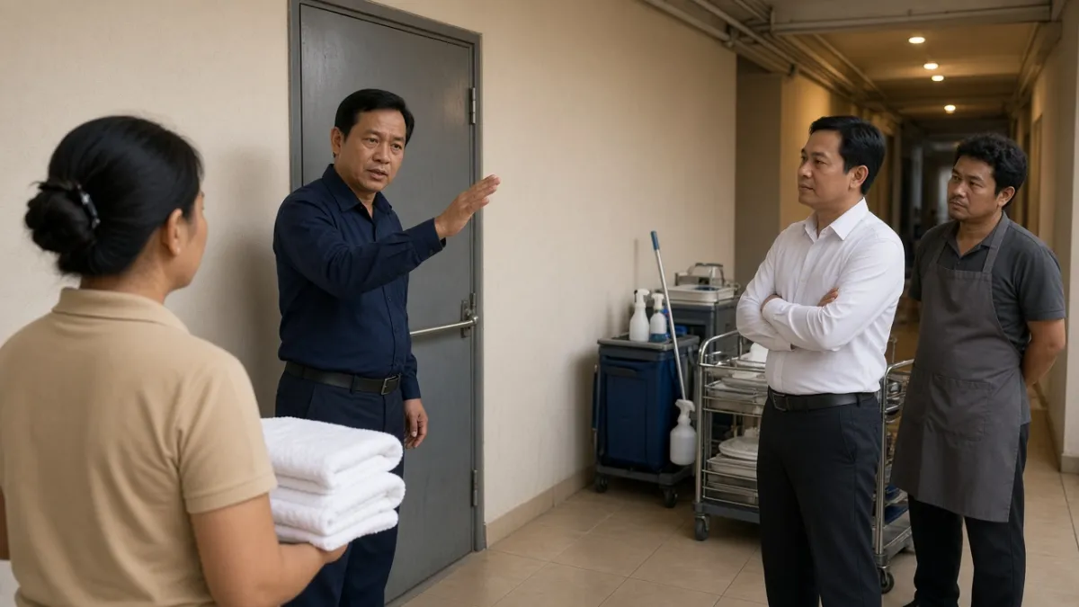 Nhân viên bảo vệ hướng dẫn nhân sự buồng phòng, lễ tân và F&B trong hành lang dịch vụ khách sạn.