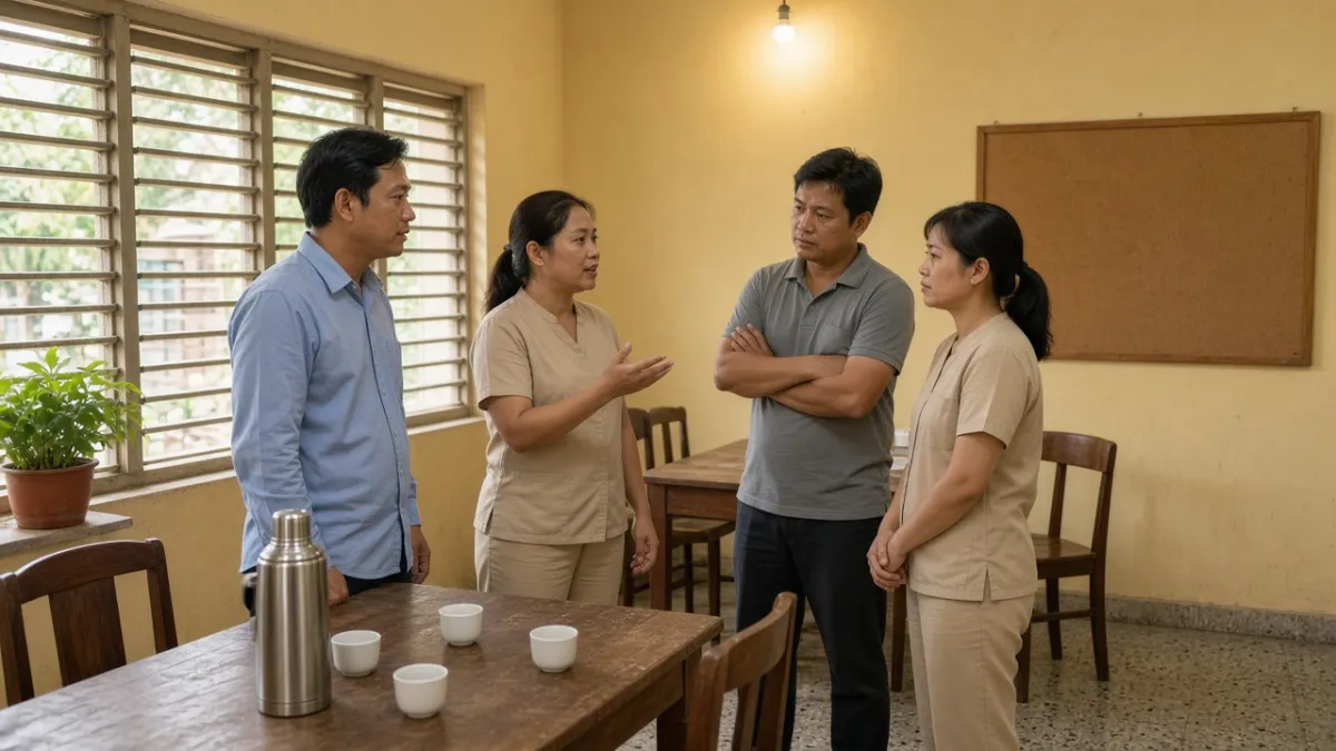 Quản lý và nhân viên buồng phòng họp nhanh trong phòng nghỉ ca, trao đổi về phát hiện rủi ro khi làm việc.