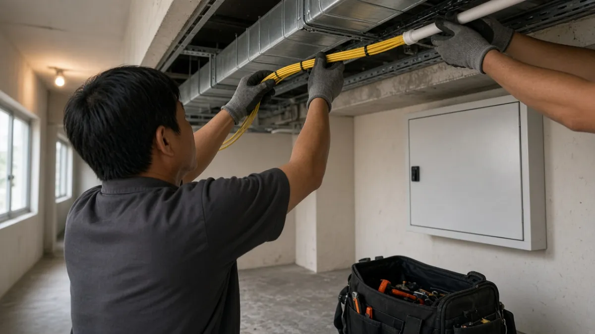Kỹ thuật viên kéo cáp quang vào ống ghen trần kỹ thuật tại hành lang hậu cần khách sạn, gần tủ phối quang.