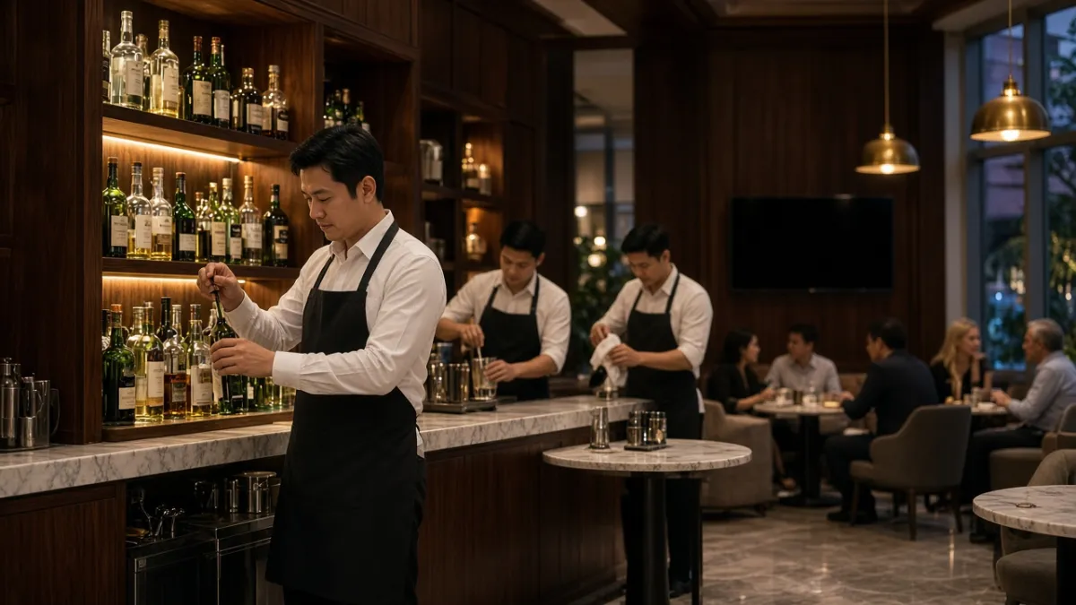 Bar Manager kiểm kê chai rượu sau quầy bar cao cấp, bartender pha chế và khách thư giãn tại khu lounge.
