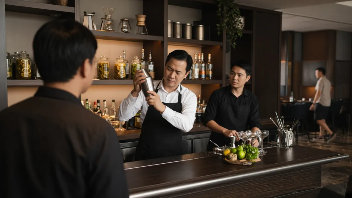 Quản lý quầy bar hướng dẫn đội bartender kỹ thuật pha chế trước giờ phục vụ tại quầy khách sạn.