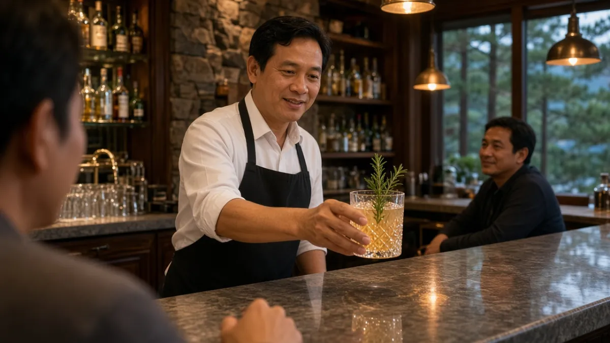 Quản lý quầy bar trình bày cocktail cho khách tại quầy gỗ, ánh đèn ấm, khoảnh khắc thưởng thức tinh tế.