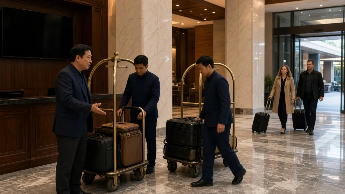 Trưởng hành lý điều phối nhân viên sắp xếp vali trên xe đẩy trong sảnh khách sạn cao cấp.