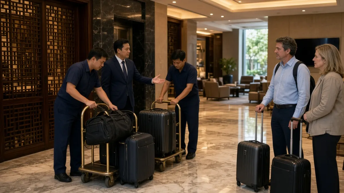Trưởng bộ phận hành lý điều phối nhân viên xếp vali và tiếp đón khách nước ngoài trong sảnh khách sạn cao cấp.