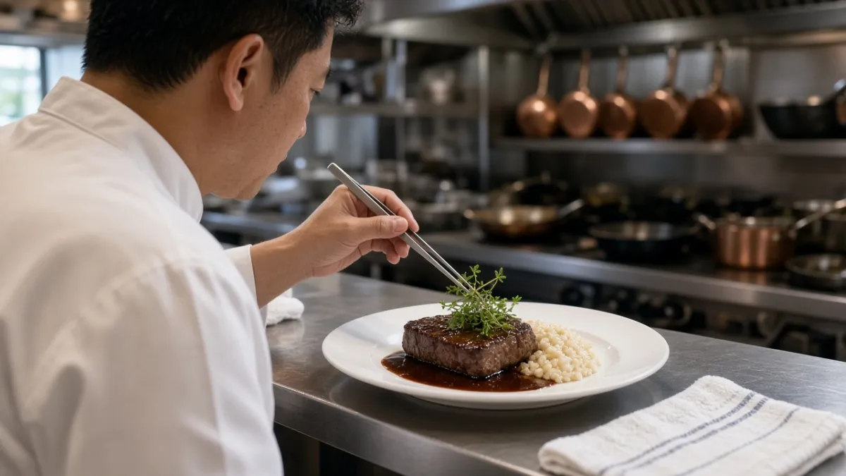 Bếp trưởng Âu dùng kẹp trang trí bít tết sốt demi-glace và risotto trên đĩa trắng tại quầy bếp khách sạn.