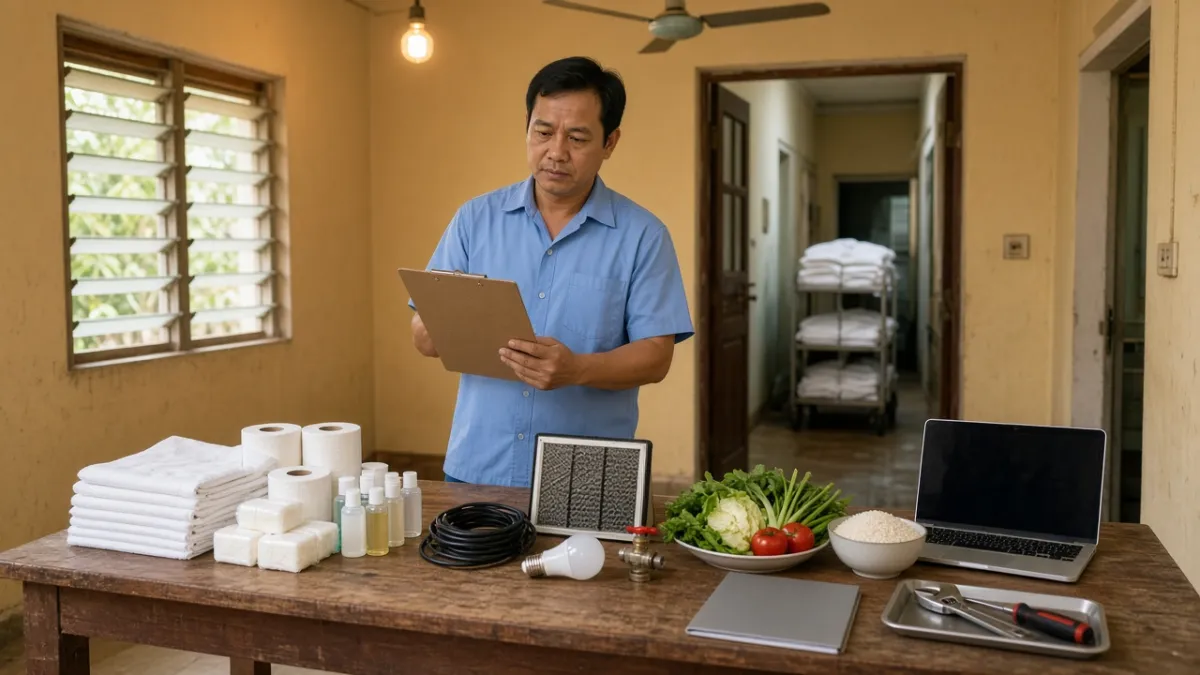 Quản lý vận hành xếp các nhóm vật tư, tiện ích, thực phẩm và dụng cụ bảo trì trên bàn để phân loại chi phí khách sạn.