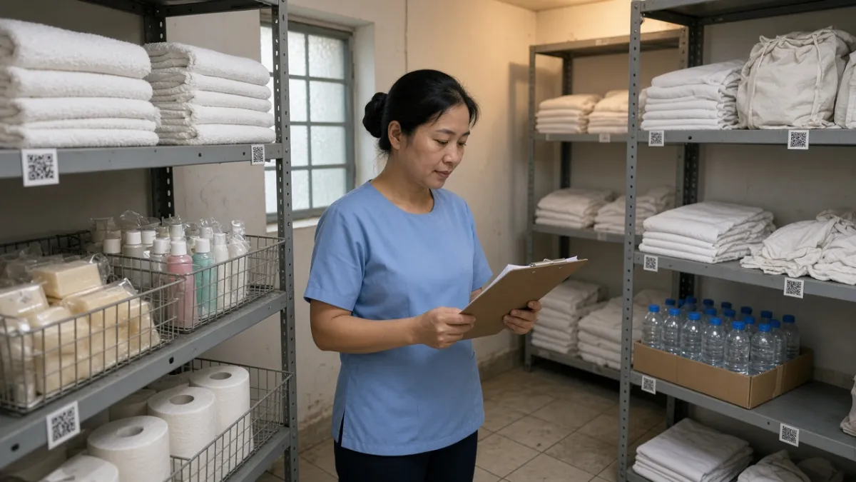 Nhân viên buồng phòng kiểm kê khăn tắm, xà phòng, giấy và nước trong kho vật tư có mã QR.