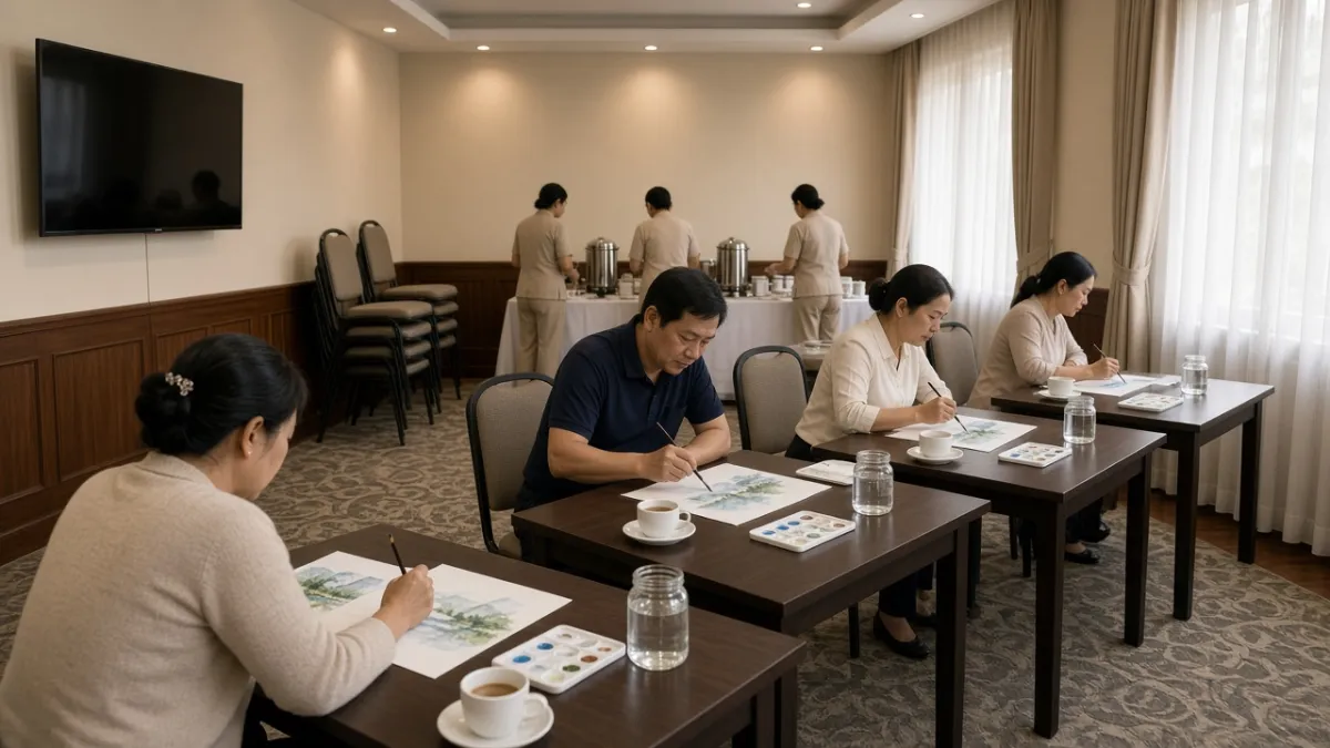 Khách vẽ tranh màu nước trong phòng họp khách sạn giờ trống, nhân viên phục vụ cà phê để tăng doanh thu phụ.