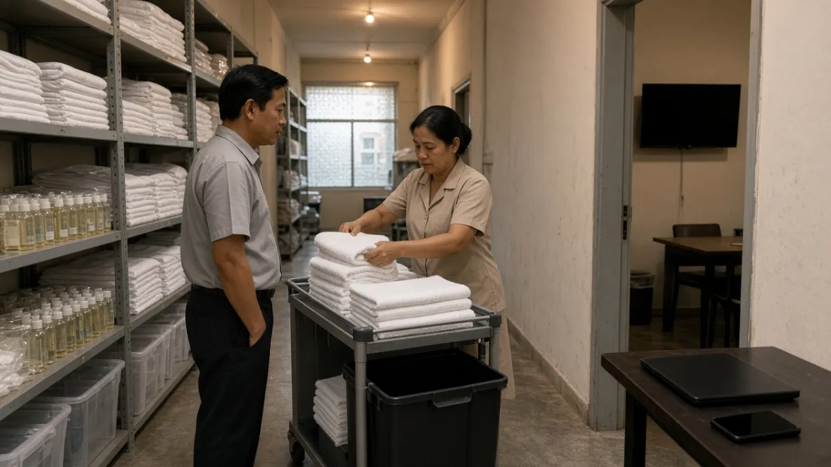Quản lý và nhân viên sắp xếp khăn, vật tư trong kho khách sạn gọn gàng, thể hiện kiểm soát chi phí chiến lược.