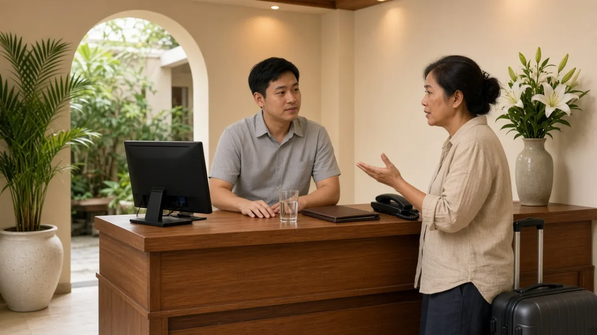 Nhân viên lễ tân lắng nghe khách trình bày bức xúc tại quầy, thể hiện xử lý khiếu nại chuyên nghiệp.