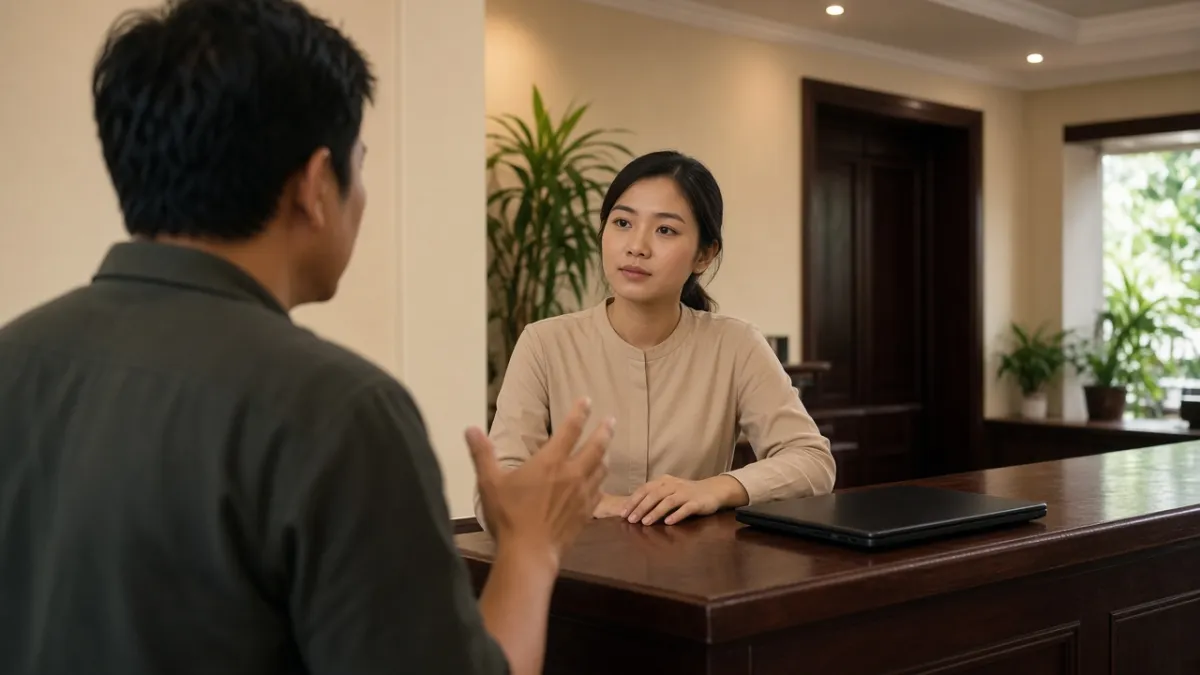 Nhân viên lễ tân bình tĩnh lắng nghe khách trình bày tại quầy tiếp tân, thể hiện thái độ lịch sự khi xử lý khiếu nại.