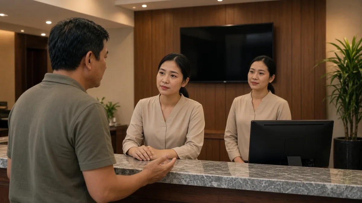 Nhân viên lễ tân lắng nghe khách tại quầy, quản lý đứng hỗ trợ phía sau trong sảnh khách sạn.