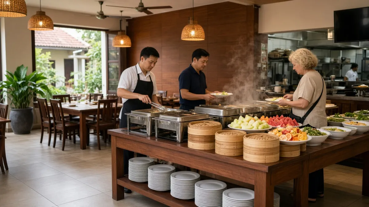 Khách chọn món tại quầy buffet sáng trong nhà hàng khách sạn, nhân viên đang bổ sung thức ăn nóng.