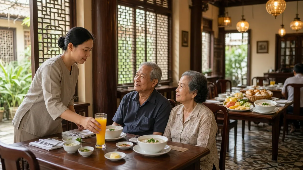 Nhân viên ẩm thực khách sạn phục vụ ly nước cam tươi, tạo trải nghiệm chu đáo giữa bữa sáng với cháo nóng.