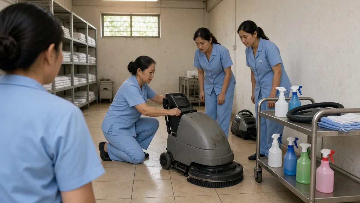 Nhân viên buồng phòng được hướng dẫn thực hành máy đánh sàn và dụng cụ vệ sinh trong buổi đào tạo định kỳ.