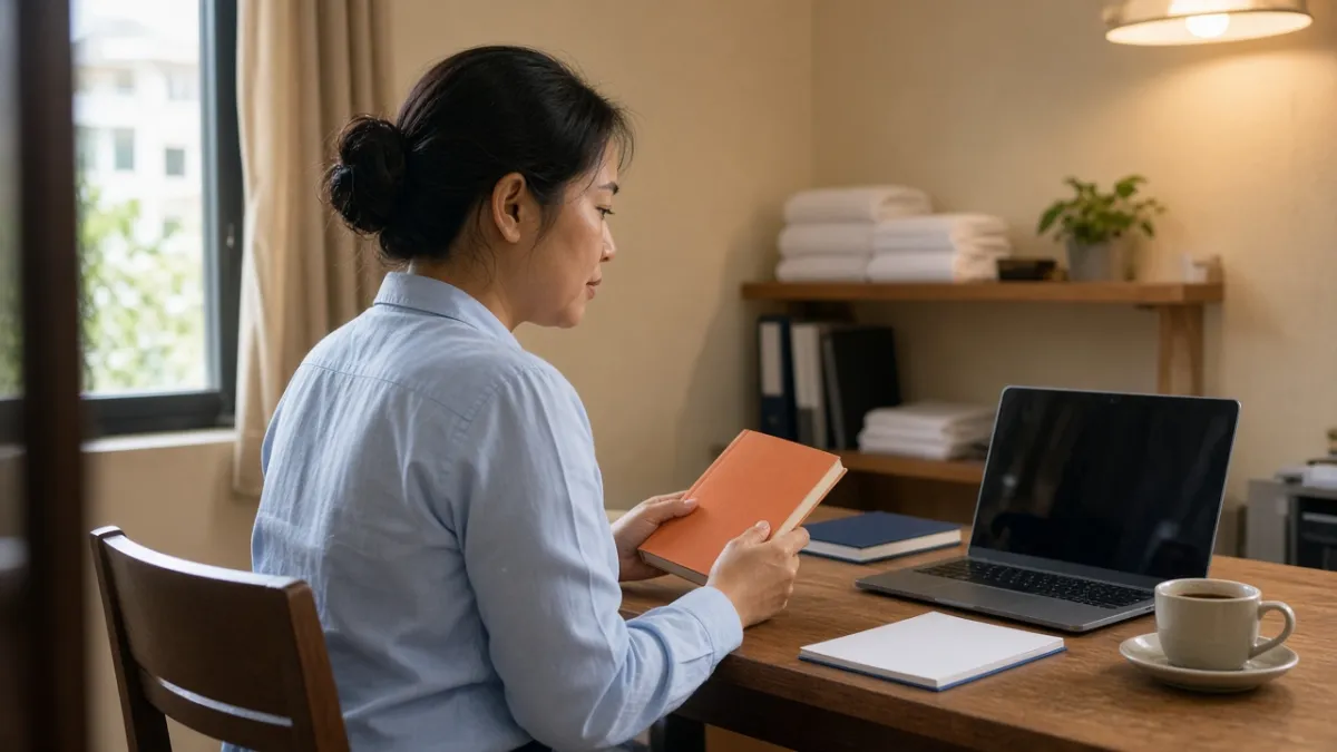Nhân viên marketing khách sạn cầm sách tham khảo trên bàn làm việc, cạnh laptop tắt màn hình.