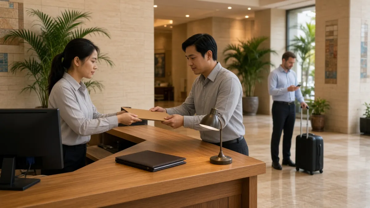 Hai nhân viên lễ tân trao tài liệu bàn giao ca tại quầy tiếp khách trong sảnh khách sạn.